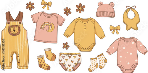 Cute baby clothes collection with bodysuits, romper, bib, hat, socks and toddler outfits, adorable newborn clothing set vector illustration
