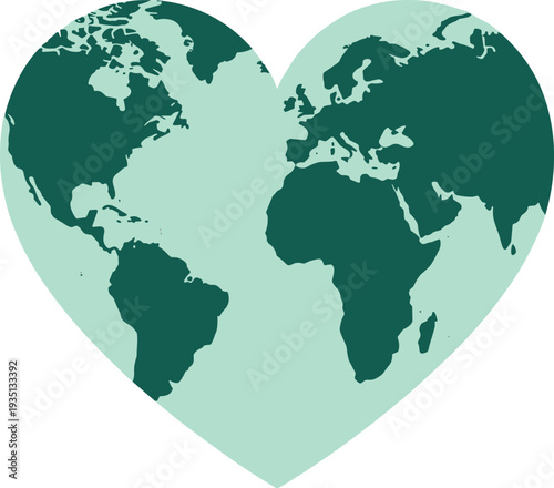 World map inside heart shape symbolizing love for planet Earth, global environment awareness and international unity concept vector illustration