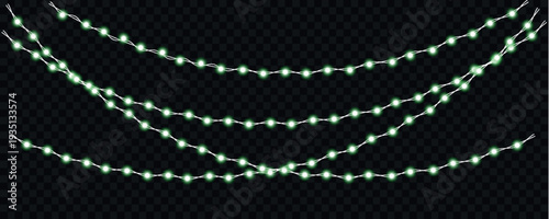 Illuminated string lights with glowing white and green bulbs cascade across a transparent dark background high-quality