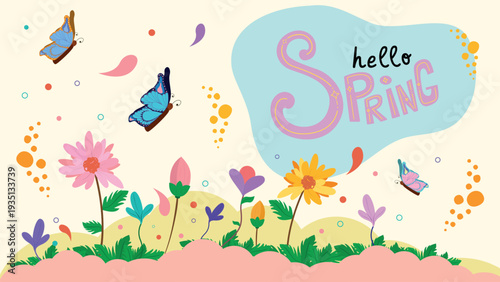 Horizontal vector illustration of spring, flowers, and butterflies.