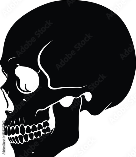 Human skull silhouette, anatomical profile illustration, medical anatomy design, cranial bone artwork, educational symbol, black white concept, detailed skeletal structure