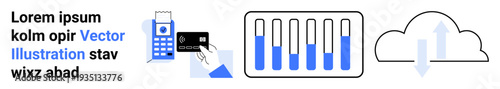 Payment via POS machine, hand swiping card, bar graph for data analysis, and arrow into cloud. Ideal for finance, analytics, technology, e-commerce, cloud storage data security simple landing page
