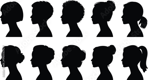 PrintHuman head silhouettes, diverse hairstyle icons, black profile design, cultural hair variation, vector illustration, fashion style art, beauty graphic pattern