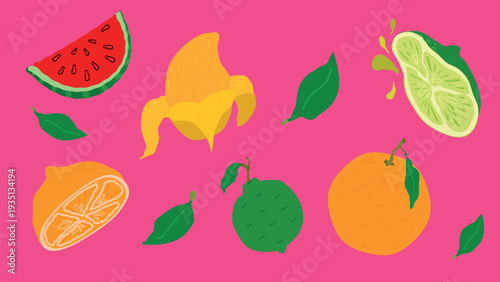 Horizontal illustration of tropical fruits: mango, watermelon, lemon, and orange, with floating leaves. Concept: tropical fruits.
