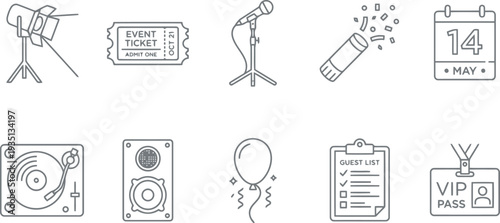 Set of minimalist line icons for event planning party celebration and concert management