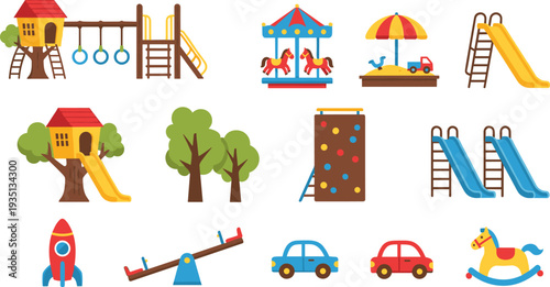 Playground, kids, toys, park, slides, carousel, seesaw, sandbox, treehouse, climbing, swing, rocket, cars, cartoon, vector, illustration, children, play, set, design