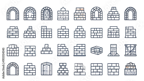 Brick Wall Line Art Icon Set – Masonry and Construction Vector Collection