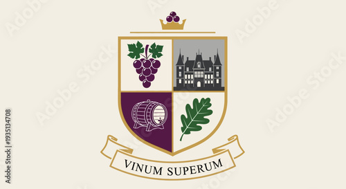 Coat of arms featuring vineyard, grapes, building, and foliage symbolizing heritage and excellence in winemaking