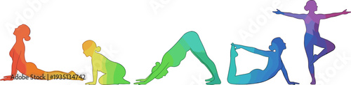 Yoga, poses, silhouettes, colorful, women, meditation, fitness, exercise, stretching, wellness, balance, vector, illustration, healthy, lifestyle, relaxation, flexibility, workout, sport, design
