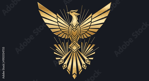 Golden eagle emblem soaring upwards with outstretched wings, symbolic illustration, luxury design, abstract background, front view
