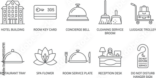 Set of hotel and hospitality line icons including building, key card, bell, and service tools.