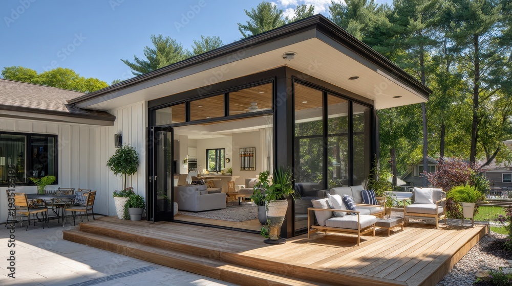 Fototapeta premium New modern screened porch addition with cozy patio furniture overlooking summer woods