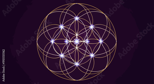 Geometric pattern of interconnected spheres with glowing centers on a dark background, abstract illustration, viewed from directly above