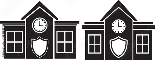 Silhouette school building with clock and shield isolated