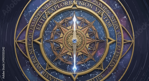 Ancient mystical compass guiding through celestial navigation and exploration in a cosmic environment
