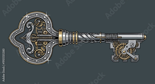 An ornate, metallic key with intricate designs and golden accents on a dark grey background, viewed from a straightforward perspective.