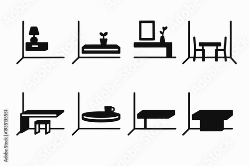 Floating Table Icons. Floating tables in minimalist rooms. Filled icon set of floating tables in minimalist