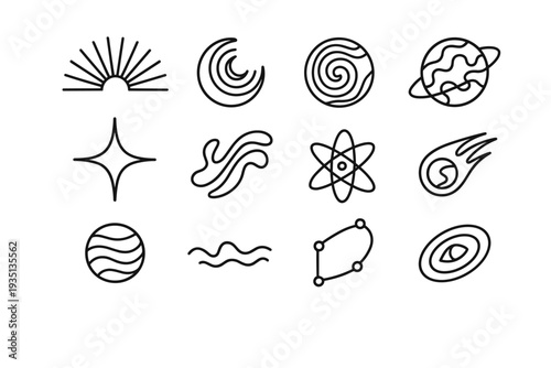 Psychedelic Cosmic Icons. Psychedelic cosmic symbols. Line outline icon set of Psychedelic cosmic symbols: