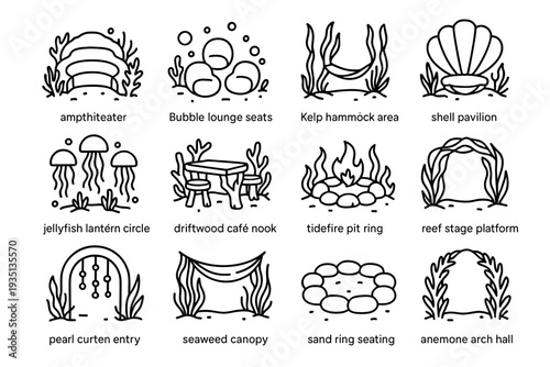 Underwater Gathering Icons. Dreamy underwater gathering spots. Line outline icon set of dreamy underwater