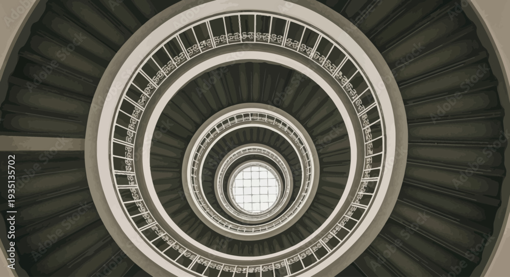 Fototapeta premium View from below of a spiral staircase with multiple landings and railings in a modern architectural setting