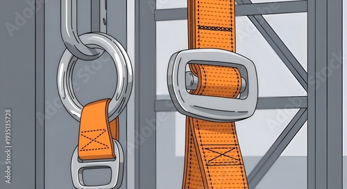 An illustration of a safety harness buckle and strap attached to a metal structure for industrial safety.