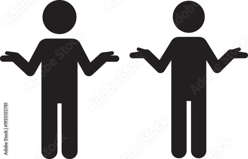 Two silhouette people shrugging shoulders with open hands