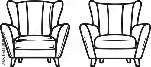Two detailed armchairs with outline drawing style