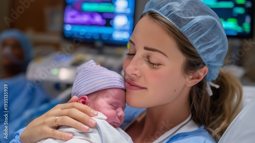 Mother holding newborn after birth in delivery room