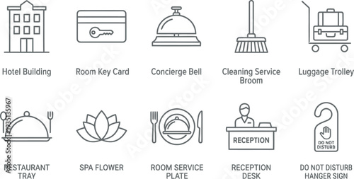 Set of hotel and hospitality service line icons including building key card bell and more.