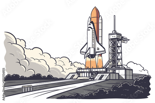 A rocket ship launching into space from a launchpad with smoke and flames