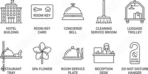 A collection of thin line icons representing various hotel services and amenities for travel.