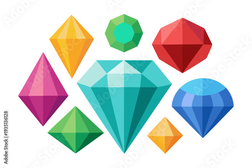 A colorful vector graphic illustration of various gemstones and diamonds in different shapes and sizes