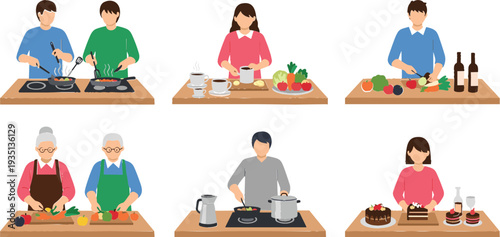 Set of People Cooking and Preparing Food at Kitchen Table for Culinary, Home Cooking, and Food Preparation Illustration Design