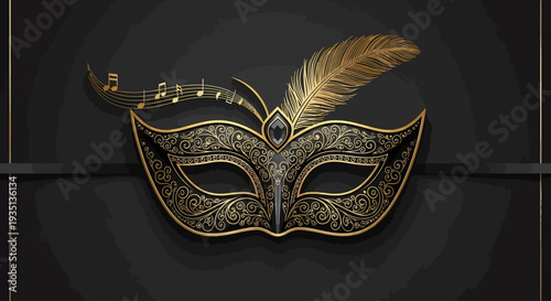 A luxurious golden masquerade mask adorned with feathers and intricate designs is showcased against a dark, mysterious background
