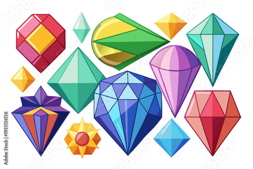 A colorful vector graphic illustration of various gemstones and precious stones in different shapes and sizes