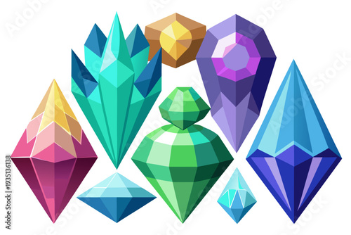 A colorful vector graphic illustration of various gemstones and crystals in a modern flat design style