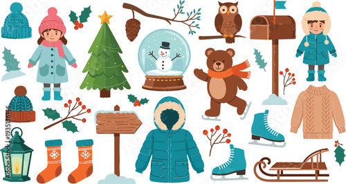 Winter Holiday Illustration Set Featuring Christmas Tree, Snow Globe, Warm Clothing, Sled, Bear, and Seasonal Outdoor Elements