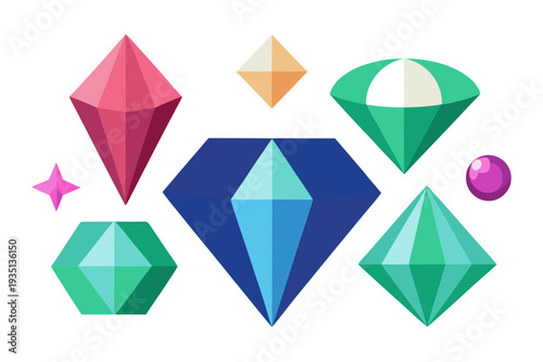 A colorful vector graphic illustration of various gemstones and precious stones in different shapes and sizes