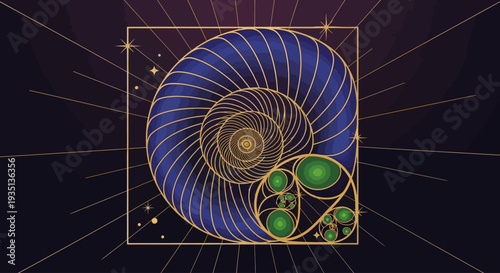 Vibrant blue spiral design with golden accents and green spheres on a dark background, showcasing intricate patterns and shapes from a direct viewpoint