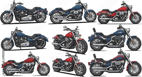 Collection of nine different custom cruiser motorcycles side view.