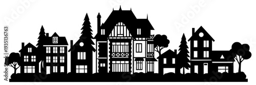 Silhouette illustration of a diverse residential neighborhood with Tudor-style and gabled homes, trees, and chimneys. Perfect for urban design, architecture, or real estate themes.