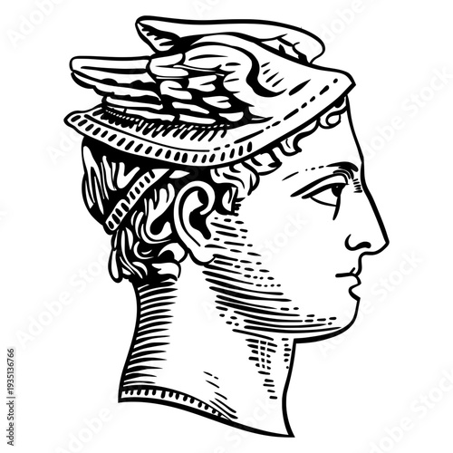 Detailed black line art illustration of the Greek god Hermes (Mercury) in profile. This classical graphic features his iconic winged traveler's hat (petasos)