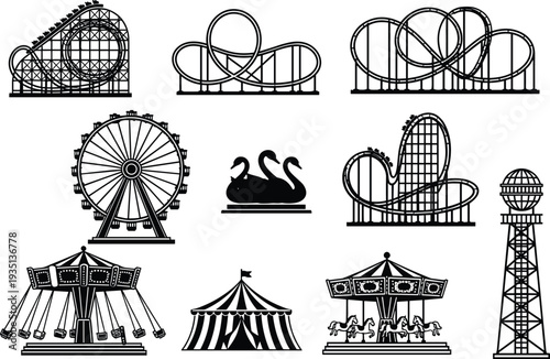Comprehensive amusement park silhouette set featuring various roller coaster tracks ferris wheel carousel carnival tent swing ride and fairground attractions isolated on white background