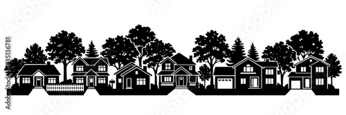 A black silhouette of a suburban neighborhood street. This vector illustration shows a row of houses among trees, perfect for real estate, community, and residential themes on a plain background.