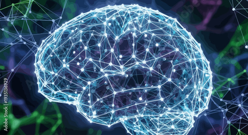 Digital representation of a human brain with glowing blue neural networks and interconnected nodes on a dark background