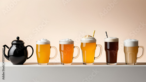 Silhouettes of Beverage Variety and Everyday Rituals: A Minimalist Sextet Featuring Beer Mugs, Teapot, Milkshake Glass, and Takeaway Cups Embracing Diverse Tastes and Cultural Comfort