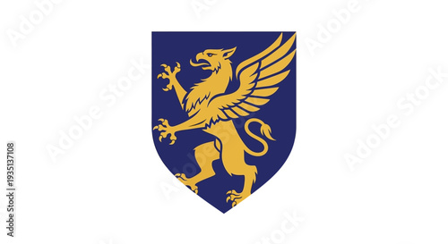 A golden griffin emblem on a blue shield with a prominent S, symbolizing strength and mystery, on a simple white background, viewed from directly ahead, illustrating heraldic art