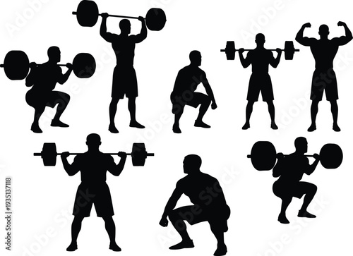 fitness, workout, weightlifting, gym, athlete, bodybuilding, strength, training, barbell, exercise, sport, silhouette, muscle, power, healthy, vector, illustration, collection, black, cad