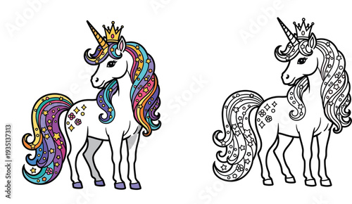 Cute magical unicorn with rainbow mane and crown. Colorful and black and white line art vector versions for kids coloring book page.