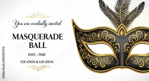 Elegant masquerade mask with feathers invitation card for a mysterious ball event at a luxurious location